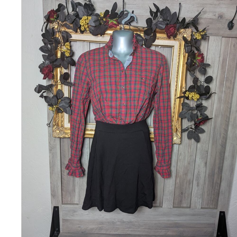 Tommy Hilfiger Plaid Ruffle Neck Blouse Preppy Academia Holiday Core Size Medium